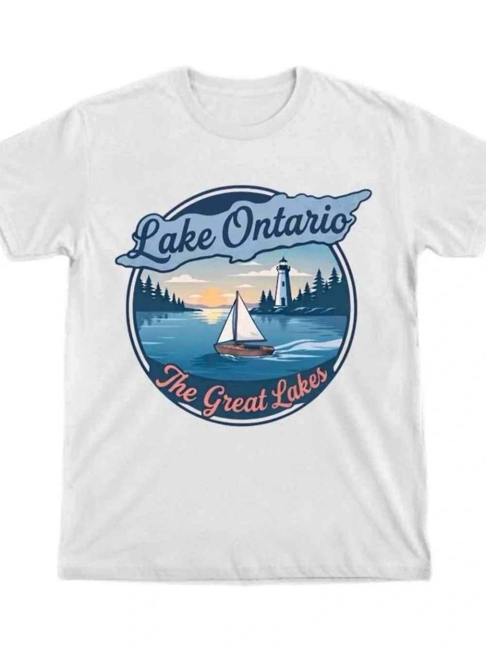 White Lake Ontario Graphic Tee with Blue & Coral Accents
